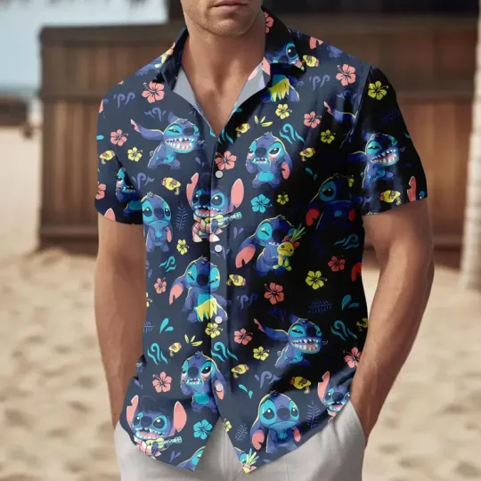 Discover Disney Lilo And Stitch Cute Stitch Actions Black Hawaiian Shirt