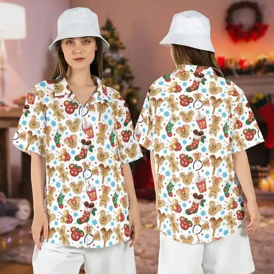 Discover Disneyland Mickey Minnie Christmas Snacks Xmas Cookies Aloha Hawaiian Shirt