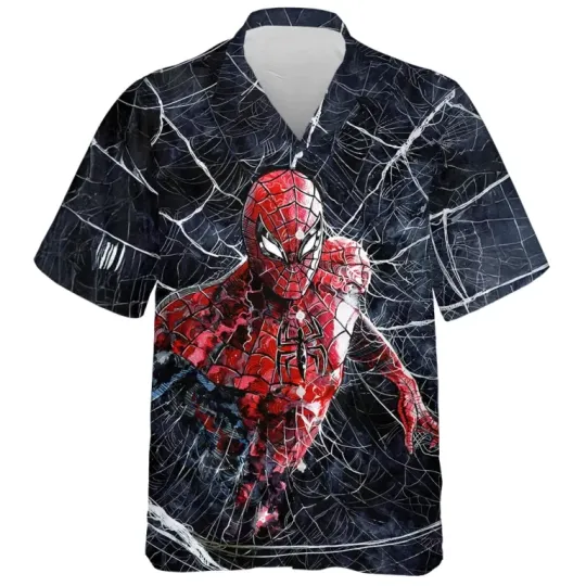 Disney Marvel Spider Man Spider Web Comic Art Black Hawaiian Shirt