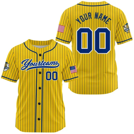Discover Yellow Custom Baseball Jersey with Blue Pinstripe and Piping Personalized Name N