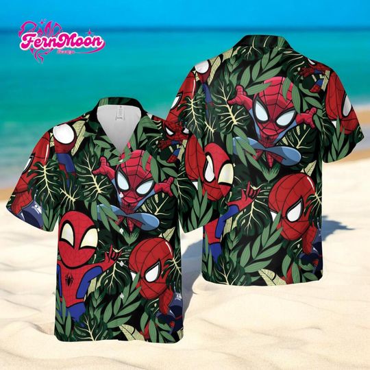 Discover Spider Man Hawaiian Shirt, Marvel Superhero Tropical Button Down, Comic Jungle Beach Shirt for Men, Summer Vacation Aloha Outfit