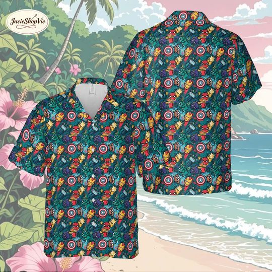 Marvel Avengers Hawaiian Shirt, Superhero Pattern Beach Shirt, Iron Man Captain America Spider-Man Button Down