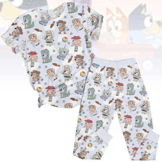Discover Cartoon Dog Tee & Pants PJs, Cute Puppy Matching Pajamas Set, Kids T-Shirt Pajama, Family Sleepwear, Gift for Dog Lovers