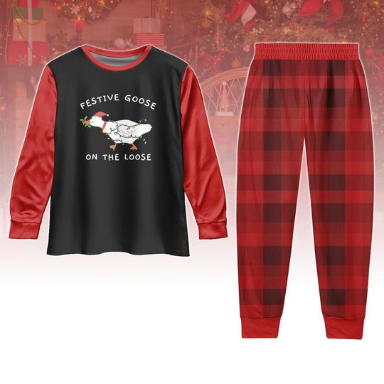 Discover Festive Goose Xmas Pajamas, Goose Long Sleeve PJs, Christmas Long Tee & Pants PJs, Pajamas Set, Xmas Sleepwear Gift