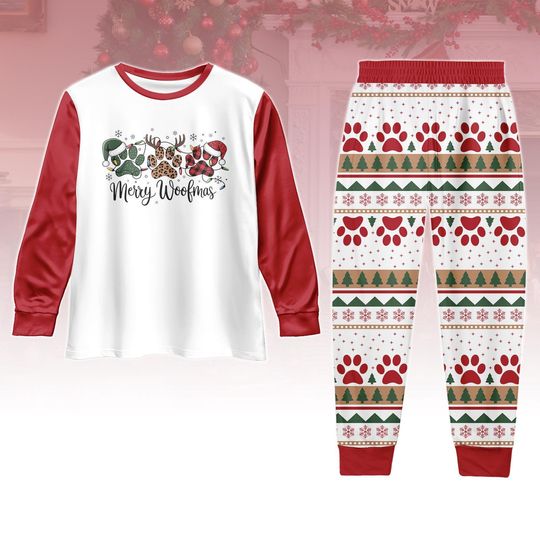 Discover Cute Christmas Pajamas, Merry Woofmas Long Sleeve PJs, Dog Paw Long Tee & Pants PJs, Dog Pajamas Set, Xmas Gift For Dog Lovers
