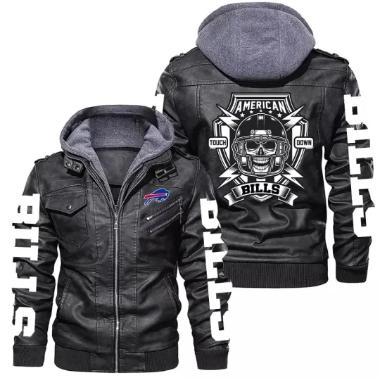 Discover Buffalo Bills Leather Jacket Mens Bomber Vintage Motorcycle Coat, Sticker Patch