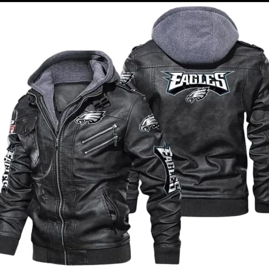 Discover Mens Philadelphia Eagles Black Hoodie Leather Jacket, football Sticker Patch Gear