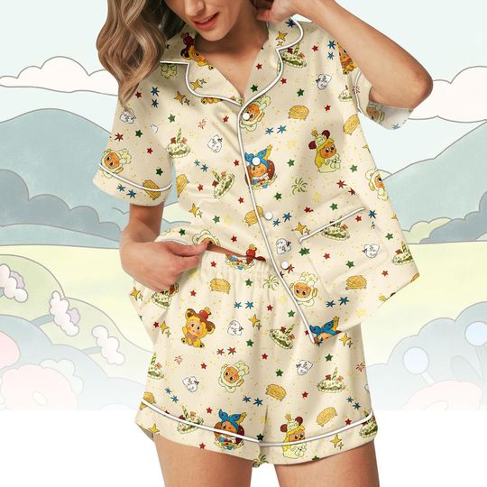 Cute Cartoon Short Pajama Set, Cute Cartoon Sleepwear, Summer Pajamas, Button Up PJ Set, Womens Short Pajamas Gift