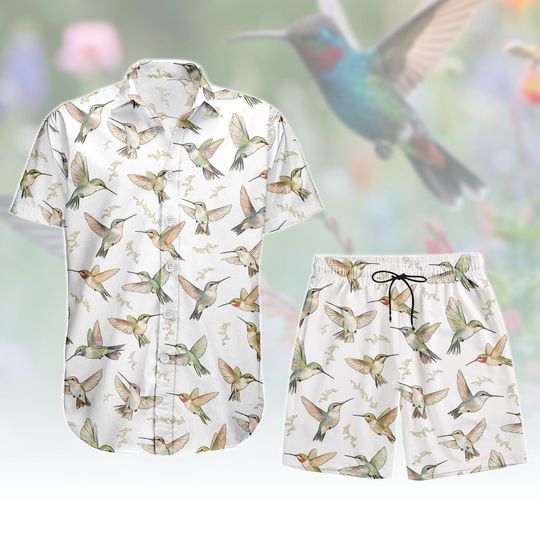 Hummingbird Hawaiian Shirt & Shorts, Bird Print Button Shirt, Nature Men Shorts, Beach Outfit, Gift For Bird Lovers