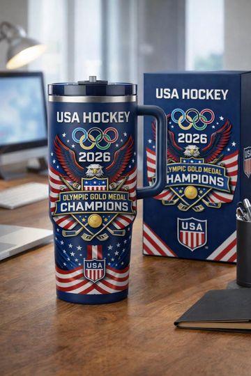 Discover USA Hockey Champion Tumbler 2D Flat, American Hockey Fan Gift Mug, Patriotic Ice Hockey Travel Cup