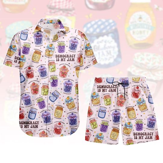 Democracy Is My Jam Hawaiian Shirt & Shorts, Political Jam Jar Illustration Button Up, Activist Summer Outfit