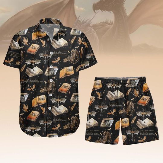 Discover Dark Fantasy Book Hawaiian Shirt & Shorts, Dragon Library Spell Book Print Button Up, Bookish Gothic Summer Outfit