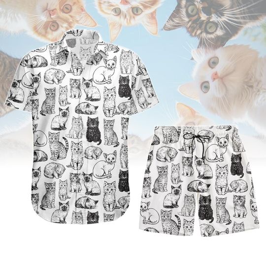 Discover Cat Sketch Hawaiian Shirt & Shorts, Kitten Button Up, Cute Pet Lover Summer Outfit