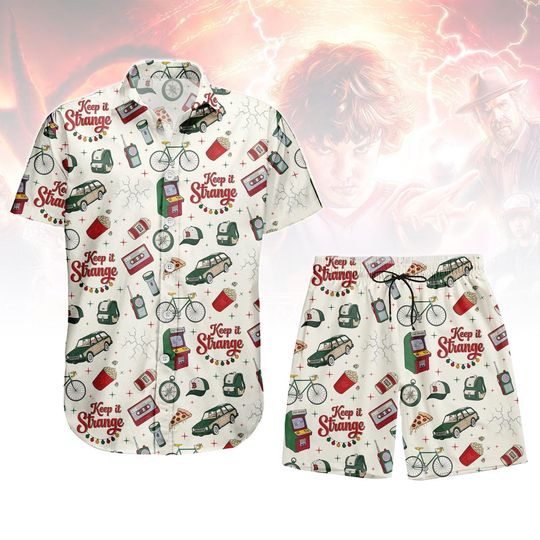 Discover Keep It Strange Hawaiian Shirt & Shorts, Retro 80s TV Show Icon Print Button Up, Summer Outfit, Fan Vacation Set