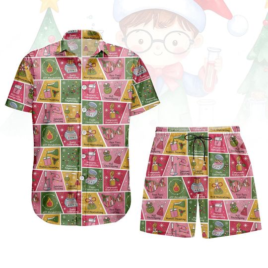 Discover Chemistry Hawaiian Shirt & Shorts, Science Lab Icon Print Pajamas, Nerdy Teacher Sleepwear, STEM Geek Outfit Gift Set