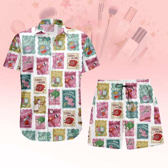 Discover Hair Stylist Hawaiian Shirt & Shorts, Salon Tools Stamp Print Pajamas, Beauty Professional Sleepwear, Hairstylist Gift Lounge Outfit