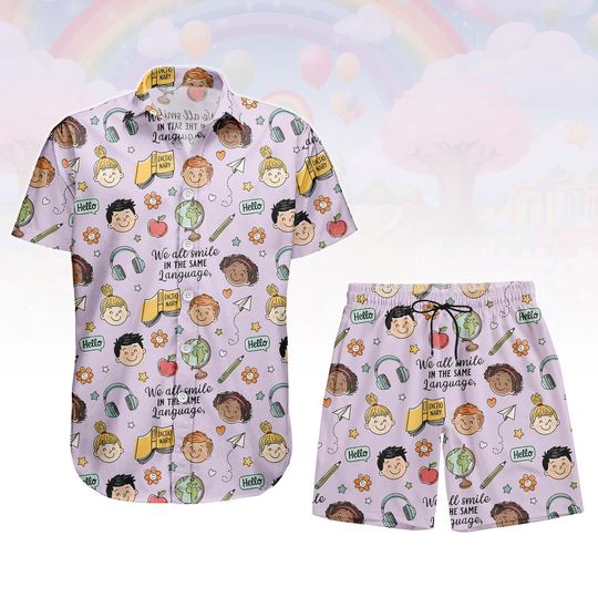 Discover We All Smile In The Same Language Hawaiian Shirt & Shorts, Teacher Kindness Print Pajamas, Diversity Education Sleepwear Gift