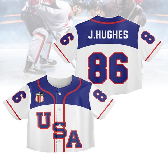 Discover USA Hockey Crop Top Baseball Jersey, JHughes 86 Baseball Shirt, Women Sports Crop Jersey, Olympic Game Day Outfit, Hockey Crop Jersey