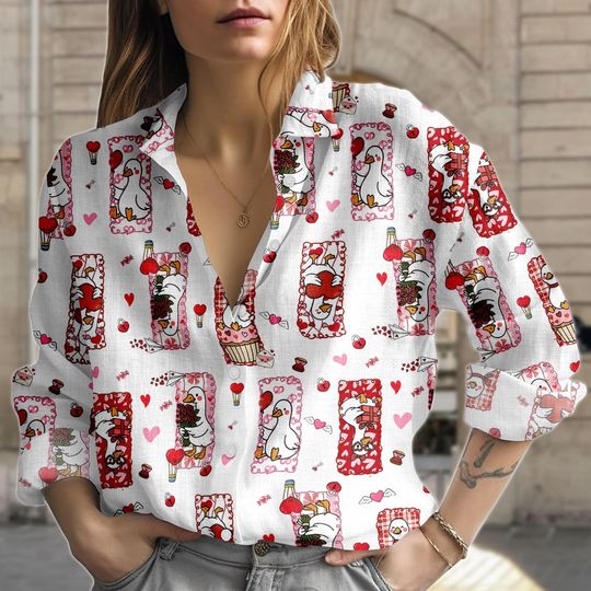 Discover Kawaii Romantic Blouse Shirt, Cute Animal Button Women Shirt, Cartoon Heart Women Top, Women Blouse Top, Gift for Her