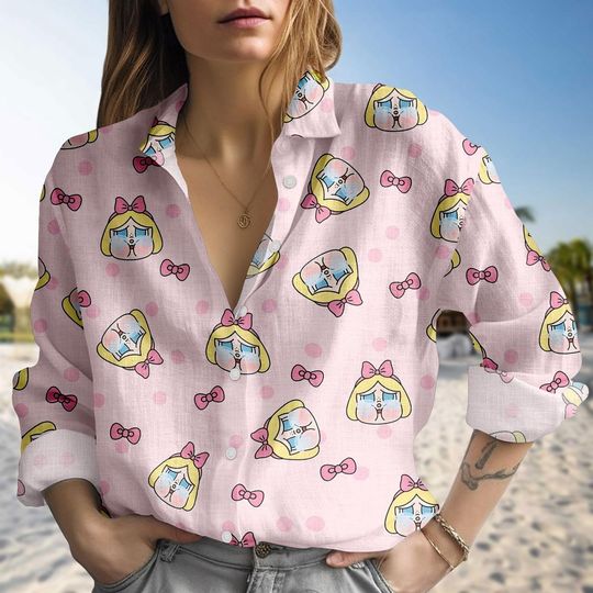 Discover Cute Cartoon Blouse Shirt, Linen Look Button Up Top, Casual Women Blouse for Summer, Gift For Her, Summer Shirt