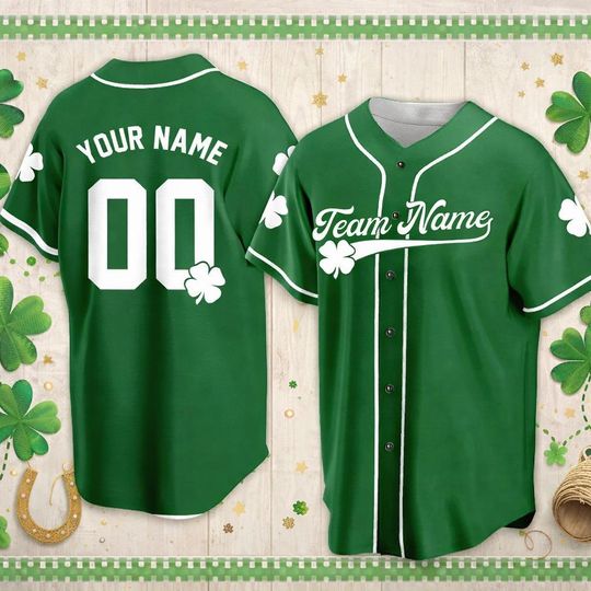 Discover Custom St. Patricks Day Baseball Jersey with Team Name and Shamrock Design