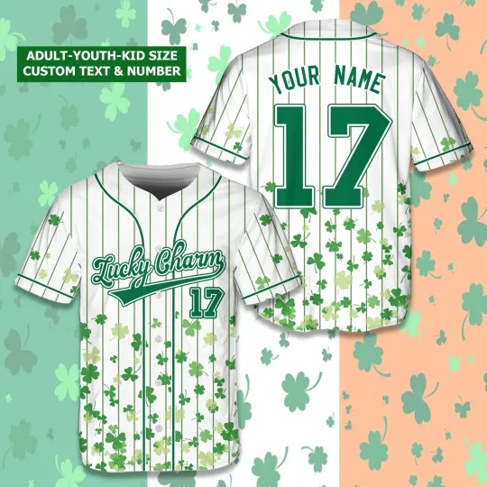 Discover Custom Lucky Charm Happy St. Patrick's Day Green Shamrocks Baseball Jersey Shirt