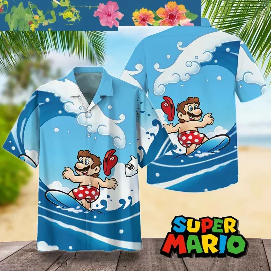Discover Super Mario Surfing Ocean Wave Hawaiian Shirt