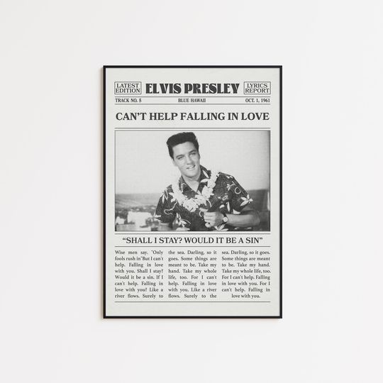Discover Elvis Presley Retro Newspaper Print, Can't Help Falling in Love Poster, Lyrics Print, Elvis Presley Poster, Elvis' Golden Records Poster