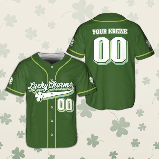 Discover Personalized St Patricks Day Baseball Jersey, Custom Lucky Charms Shamrock, Irish Krewe Name Number Shirt, Black Green Parade Party Outfit