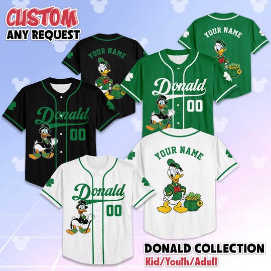 Discover Custom Donald Duck St. Patricks Day  Baseball Jersey, Personalized Disney Donald Duck Jersey, Disneyland Team Matching Outfit