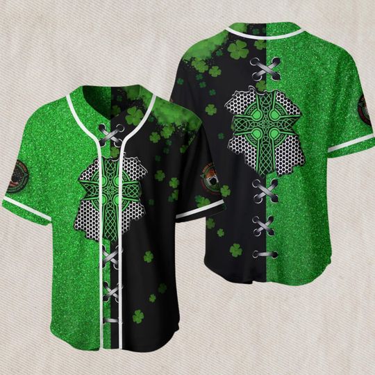 Discover St Patrick's Day Celtic Cross Baseball Jersey  Green Black Split, Shamrock Glitter, Faux Lace Up Design, Irish Pride Unisex Shirt