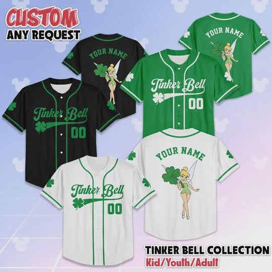 Custom Tinker Bell St. Patrick Day Baseball Jersey, Disney Tinker Bell Jersey, Matching Disney Trip Girls Outfit