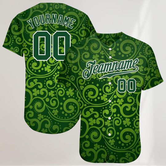 Personalized St Patricks Day Baseball Jersey, Green Celtic Shamrock Swirl Button Up, Custom Name Number
