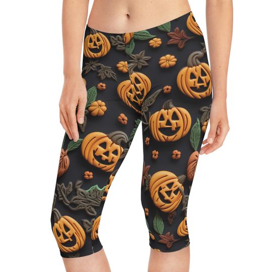 Discover Fall Yoga Capri Leggings, Halloween Yoga Capri Leggings, Halloween Pumpkin Print Women's Capri Leggings