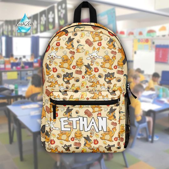 Discover Custom Name P0kem0n Fire Backpack, P0kem0n Inspired Kids School Bag, Back to School Anime Gift, Cute Anime Bookbag