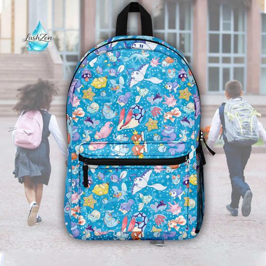 Water Starter Poket mons Backpack with Oshawott, Piplup, Squirtle, and Mudkip Cartoon Bookbag for Kids