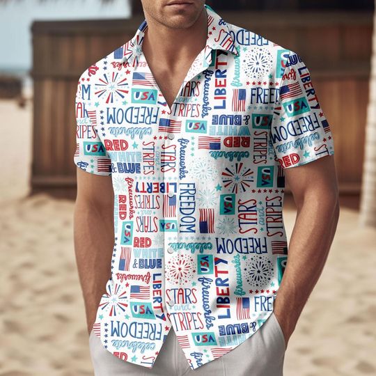 Discover 4th of July Button Shirt, Patriotic USA Shirt, 250th Anniversary Hawaii Shirt, Summer Beach Button Down, Independence Day Gift for Men
