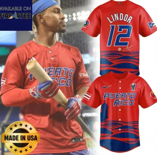 Discover Captain Lindor Team Puerto Rico 2026 World Red Baseball Jersey
