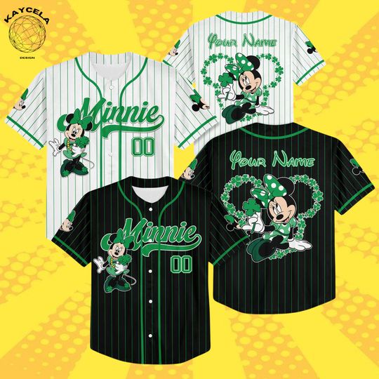 Discover Personalized Minnie Mouse St. Patricks Day Baseball Jersey, Custom Mickey and Friends Shirt, Disney Lucky Shamrock Baseball Team Outfit