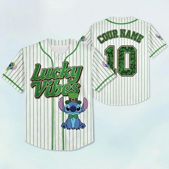 Discover Lucky Vibes Baseball Jersey, St Patrick Day Custom Name Jersey, Green Pinstripe Shamrock Baseball Shirt Gift