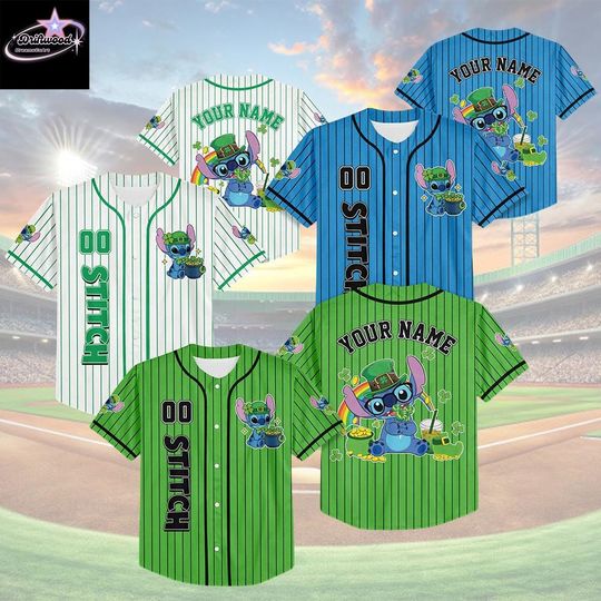 Discover Personalized Stitch St. Patricks Day Baseball Jersey, Custom Disney Lilo and Stitch Jersey, Lucky Gift