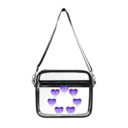 BTS Clear Bag Purple BTS Names in Hearts Bag Stadium Bag Clear Crossbody Handbag with Adjustable Strap