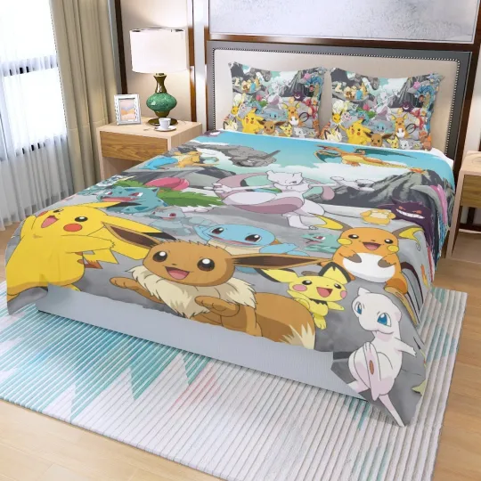 Discover Top! Poket mons Characters Print Duvet Cover Set (3Pcs) Quilt Cover & Pillowcase
