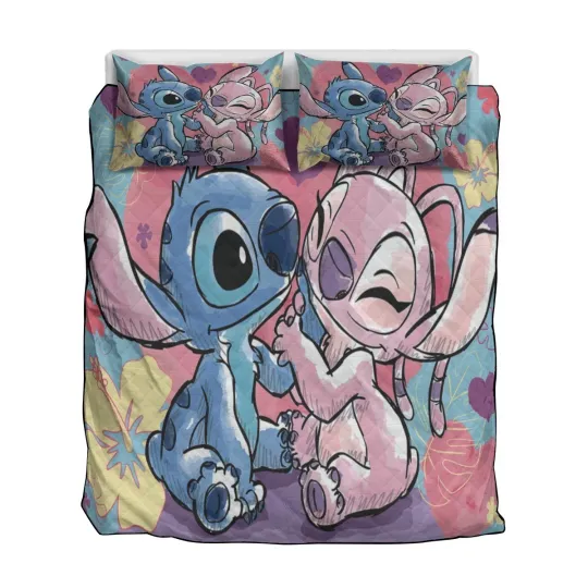 Stitch And Angel Couple Print Quilt & Pillow Cases
