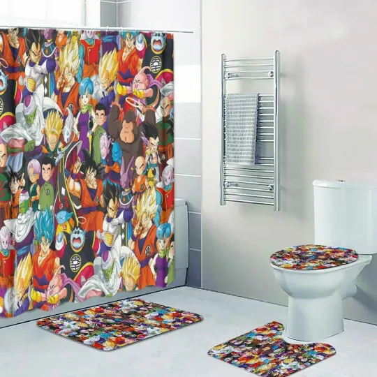 Discover Top! Popular Anime Collage Print Shower Curtain Bath Mat Toilet Lid Cover Mat