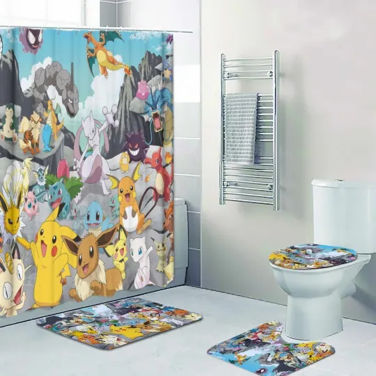 Discover Top! Anime Characters Print Shower Curtain Bath Mat Toilet Lid Cover Mat