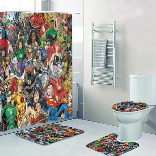 Discover Top! Superheroes Characters Print Shower Curtain Bath Mat Toilet Lid Cover Mat