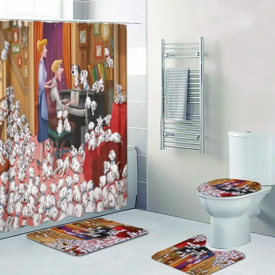 Discover Top! 101 Dalmatians Roger Print Shower Curtain Bath Mat Toilet Lid Cover Mat