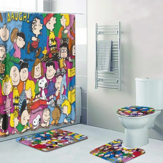 Discover Top! Snoopy Peanuts Gang Print Shower Curtain Bath Mat Toilet Lid Cover Mat