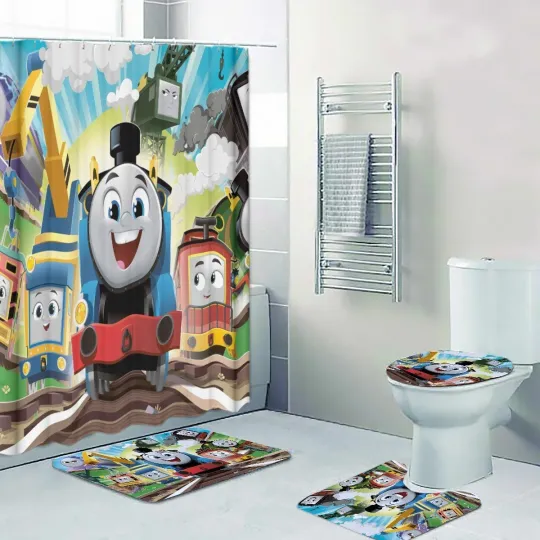Discover Train & Friends Adventure Print Shower Curtain Bath Mat Toilet Lid Cover Mat
